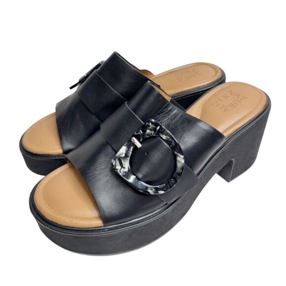 Naturalizer Platform Slide Sandal Size 9 Black Leather Block Heel Round Toe - Picture 1 of 8